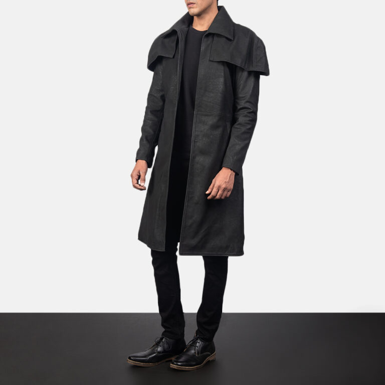 Mens Classic Distressed Black Leather Duster4415-3-1557052857981
